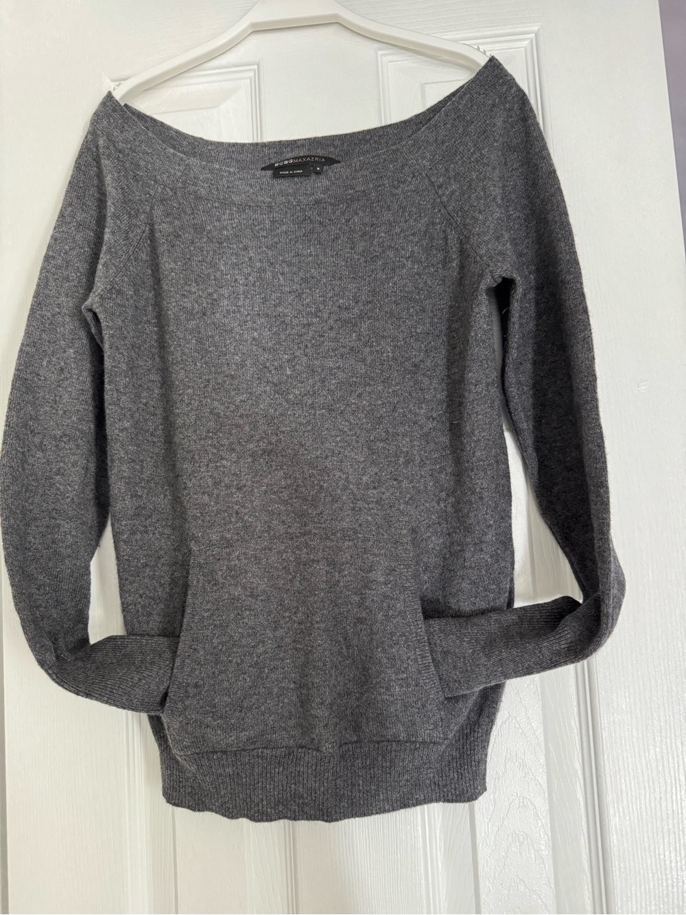 BCBGMaxAzria Gray Off-the-Shoulder Pocket Sweater 100% Cashmere